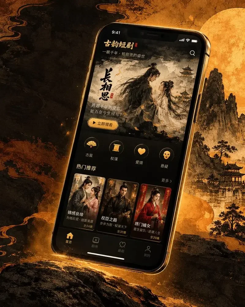 红尘影院 APP 界面：暖光剧场、月下模式与逐句唱词
